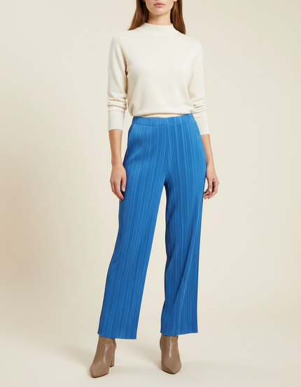 Pantalon À Pince Bleu Plissé Droit Fluide Décontracté - Polyester