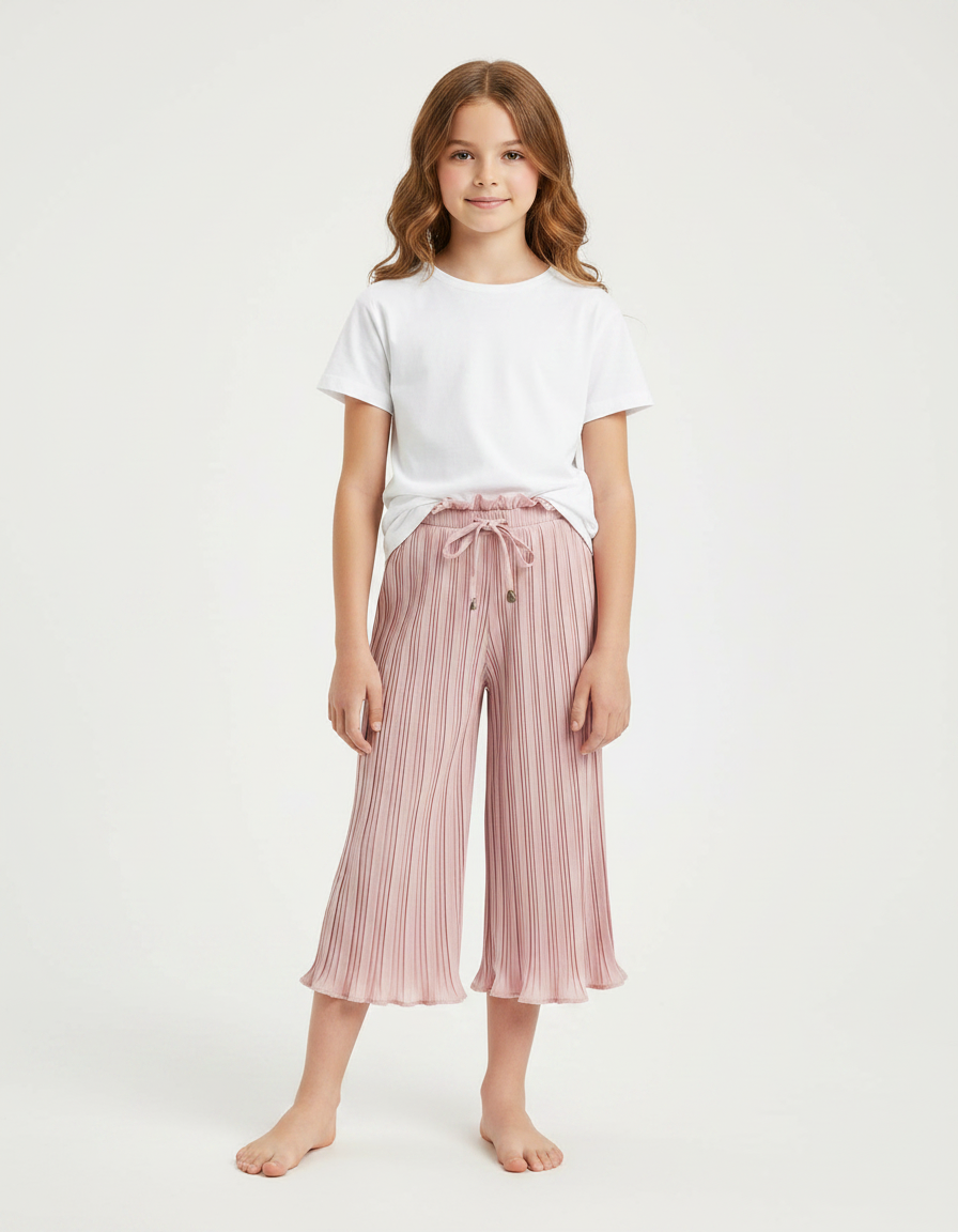 Pantalon À Pince Rose Plissé Ample Fille Décontracté Fluide - Polyester