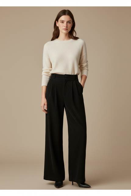 Pantalon À Pince Noir Côtelé Ample Élégant Femme - Cordé