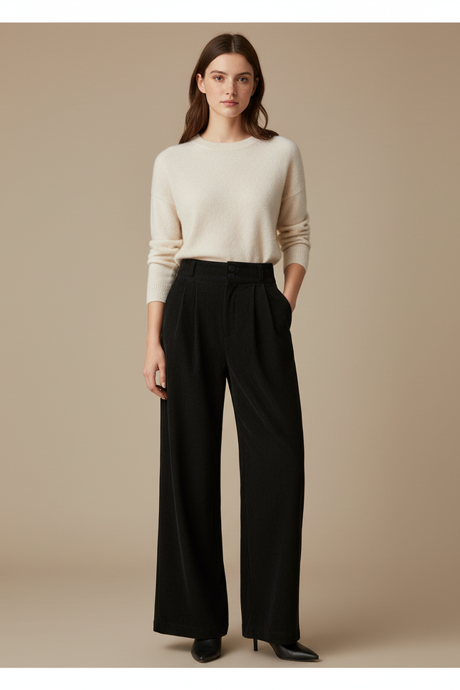 Pantalon À Pince Noir Côtelé Ample Élégant Femme - Cordé