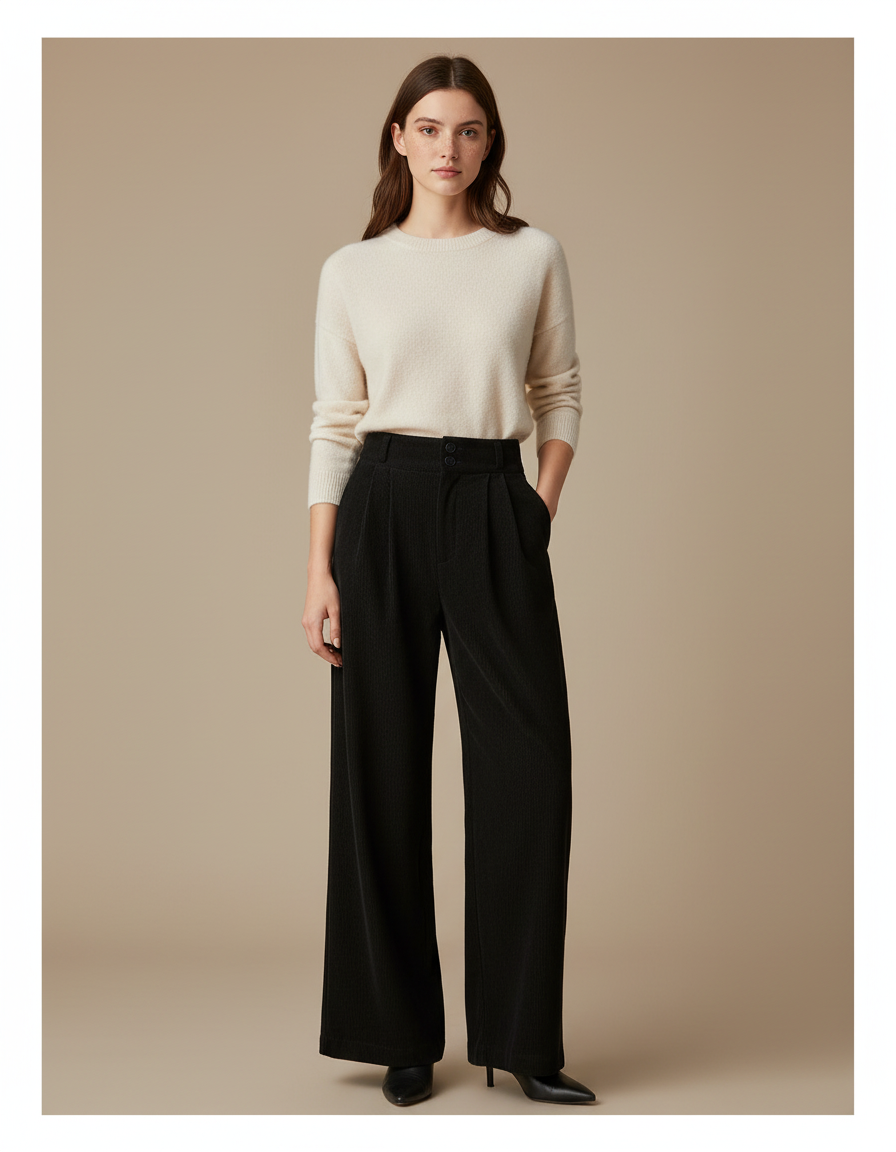 Pantalon À Pince Noir Côtelé Ample Élégant Femme - Cordé