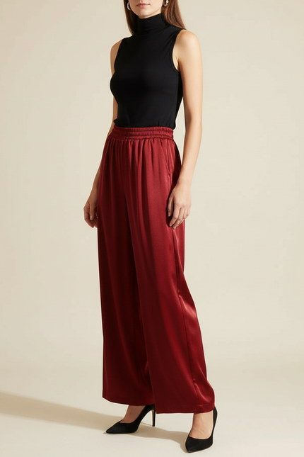 Pantalon À Pince Rouge Satiné Fluide Ample Élégant - Bordeaux