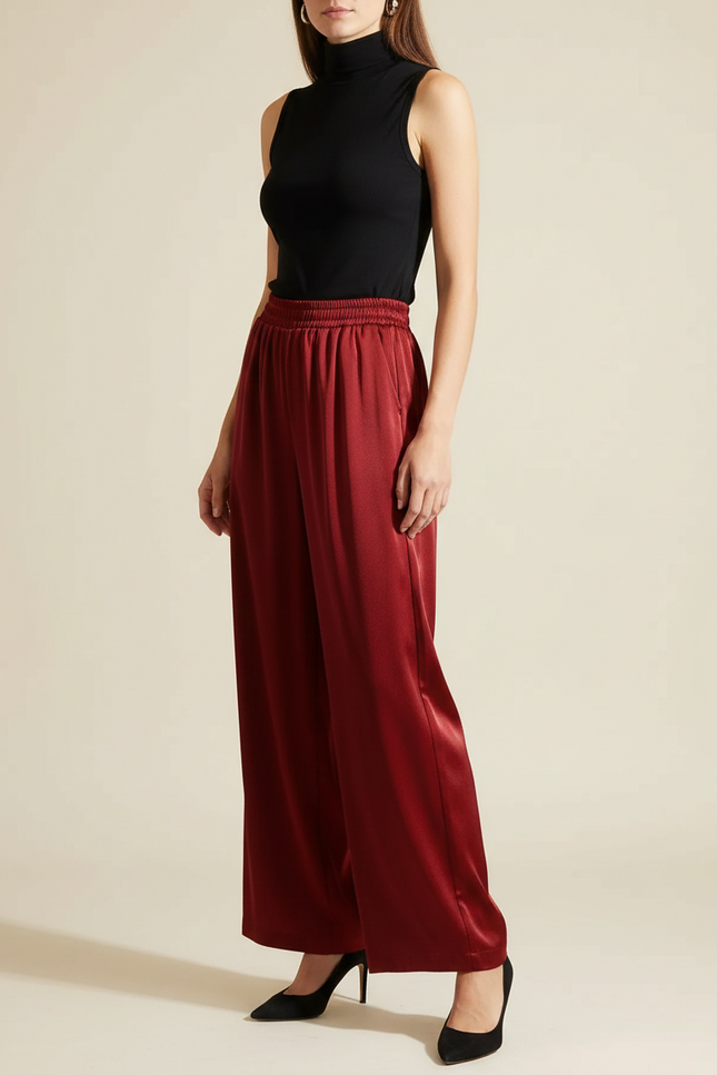 Pantalon À Pince Rouge Satiné Fluide Ample Élégant - Bordeaux