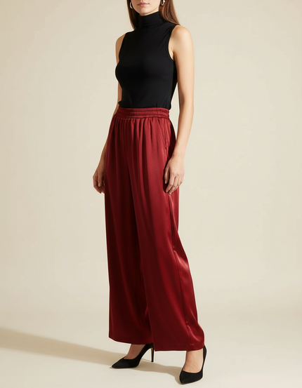 Pantalon À Pince Rouge Satiné Fluide Ample Élégant - Bordeaux