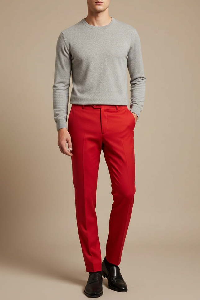 Pantalon À Pince Rouge Vif Droit Élégant Homme - Gabardine