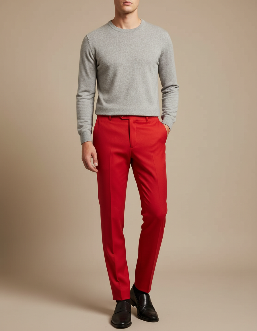 Pantalon À Pince Rouge Vif Droit Élégant Homme - Gabardine