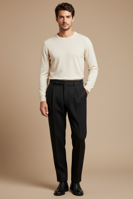 Pantalon À Pince Noir Texturé Laine Plissé Homme
