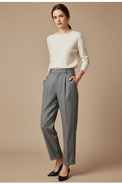 Pantalon À Pince Gris Tweed Droit Décontracté Chaud