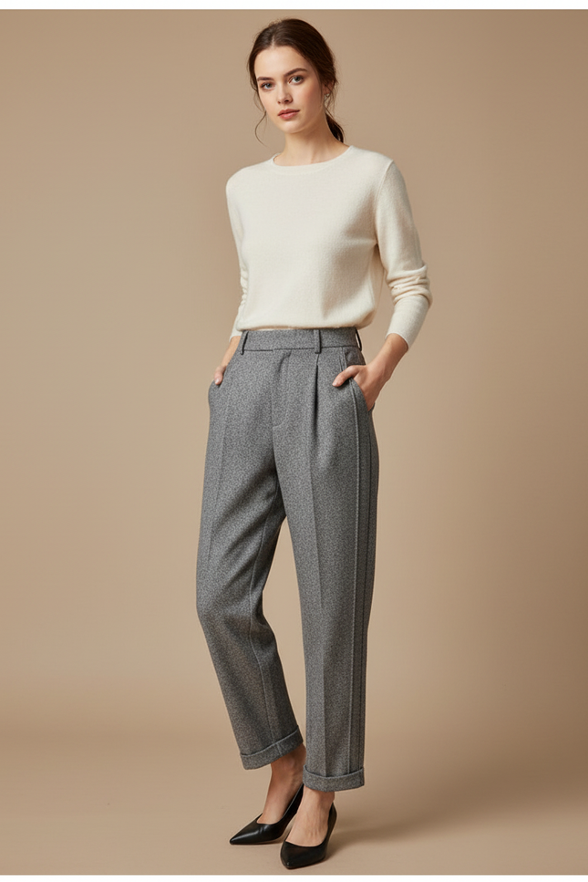 Pantalon À Pince Gris Tweed Droit Décontracté Chaud