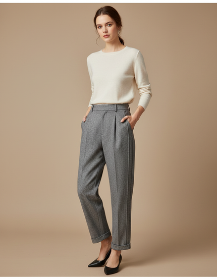 Pantalon À Pince Gris Tweed Droit Décontracté Chaud