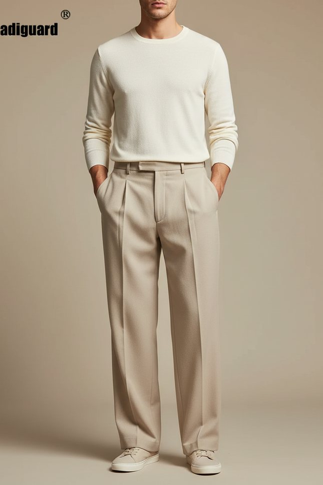 Pantalon À Pince Beige Ample Plissé Homme Élégant - Gabardine