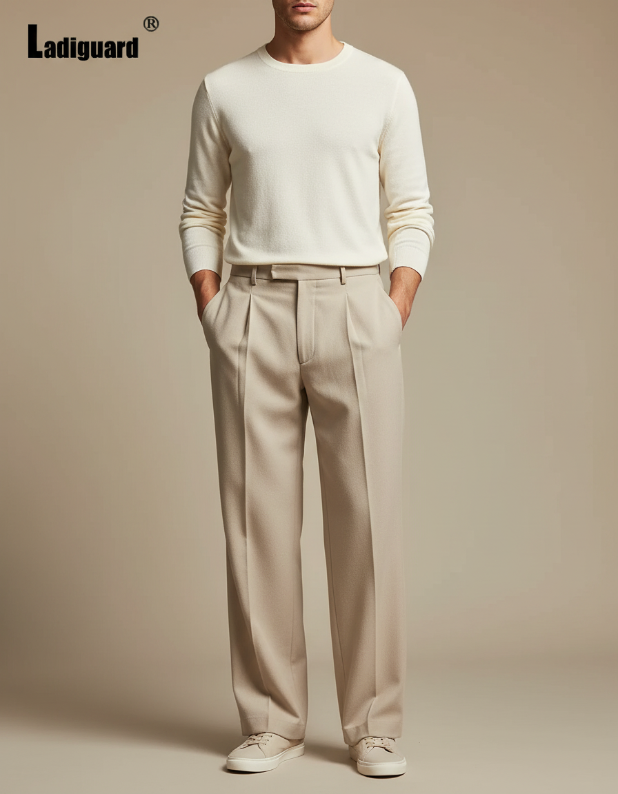 Pantalon À Pince Beige Ample Plissé Homme Élégant - Gabardine
