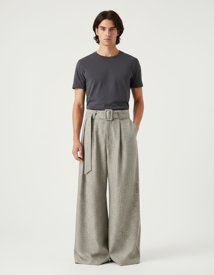 Pantalon À Pince Oversize Homme - Gris Tweed