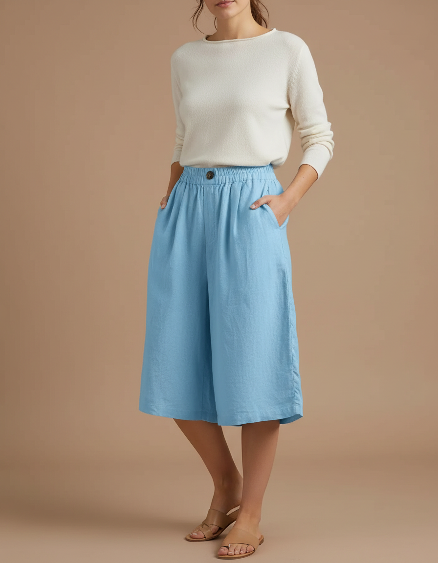 Pantalon À Pince Bleu Ciel Ample Lin Coton Décontracté