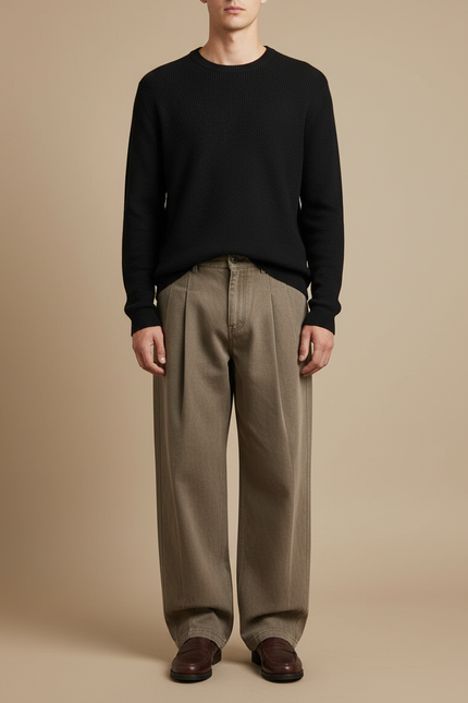 Pantalon À Pince Kaki Plissé Ample Homme Décontracté - Toile