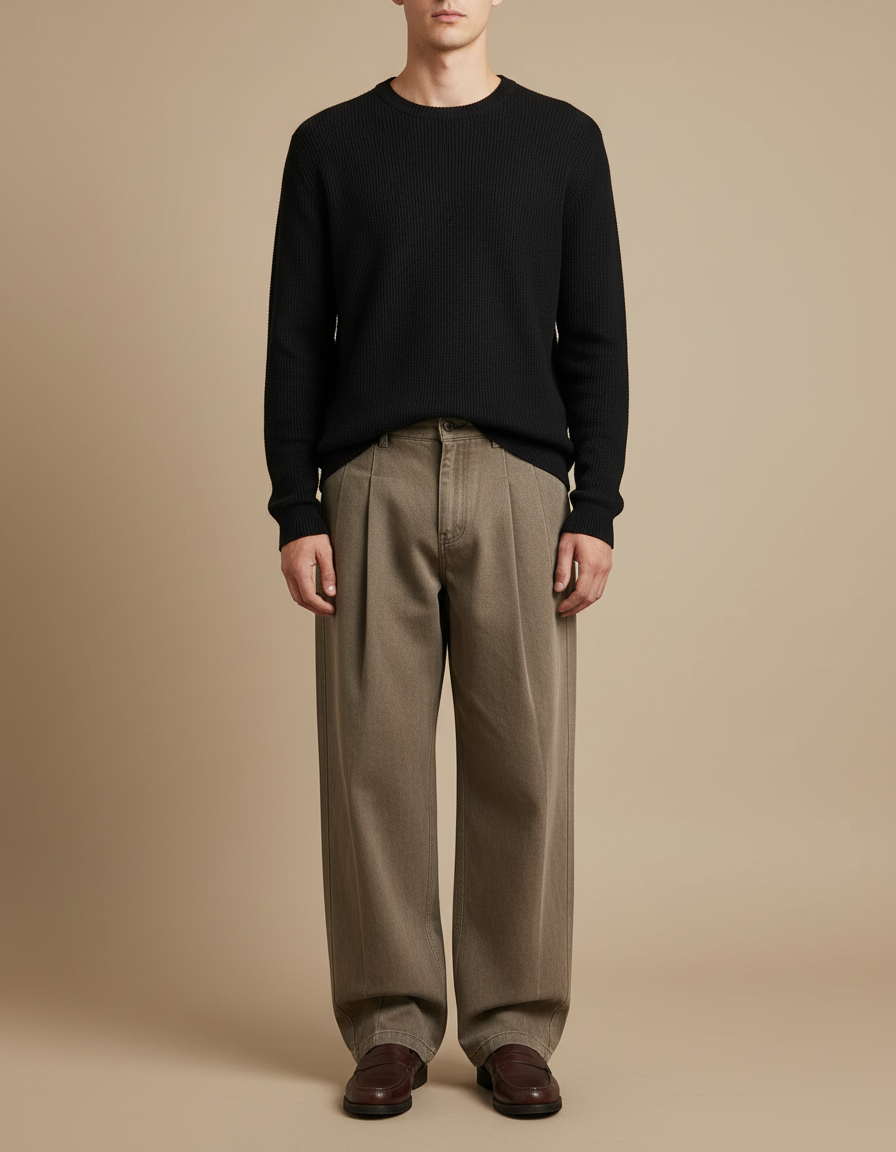 Pantalon À Pince Kaki Plissé Ample Homme Décontracté - Toile