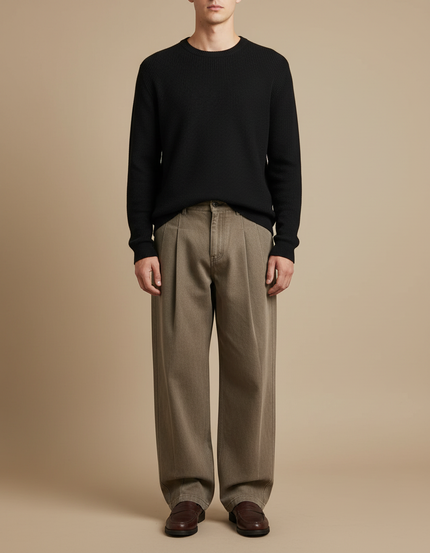 Pantalon À Pince Kaki Plissé Ample Homme Décontracté - Toile