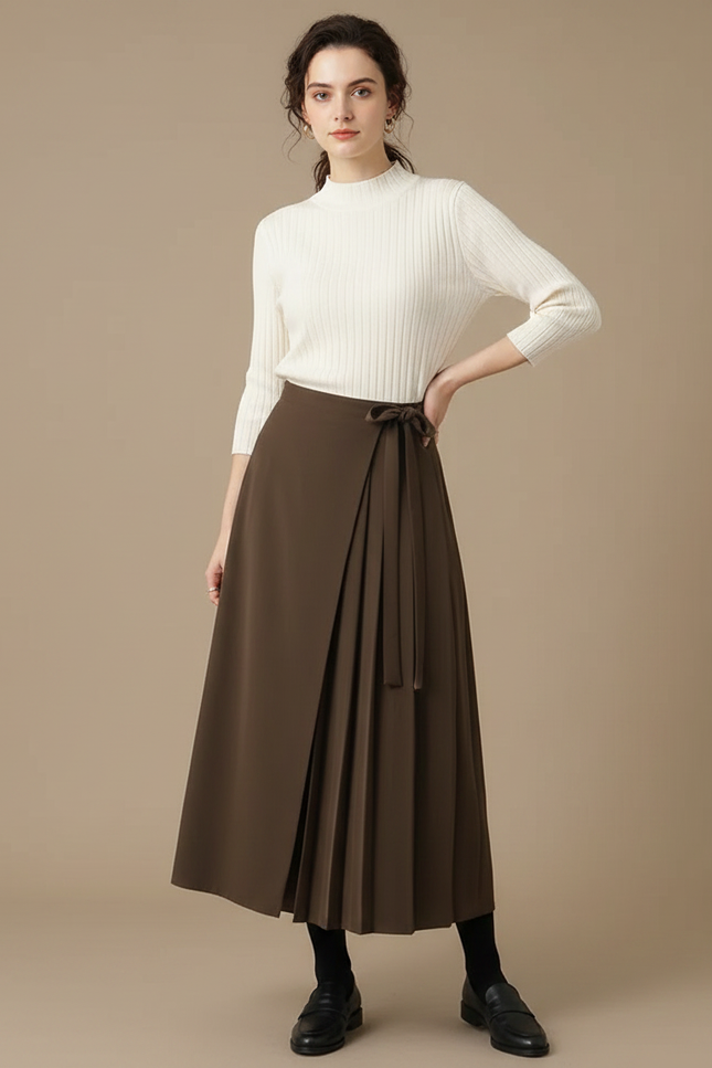 Pantalon À Pince Marron Plissé Élégant Fluide Ceinturé - Polyester