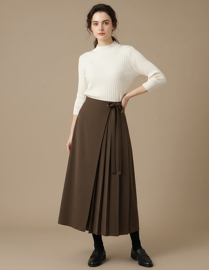 Pantalon À Pince Marron Plissé Élégant Fluide Ceinturé - Polyester