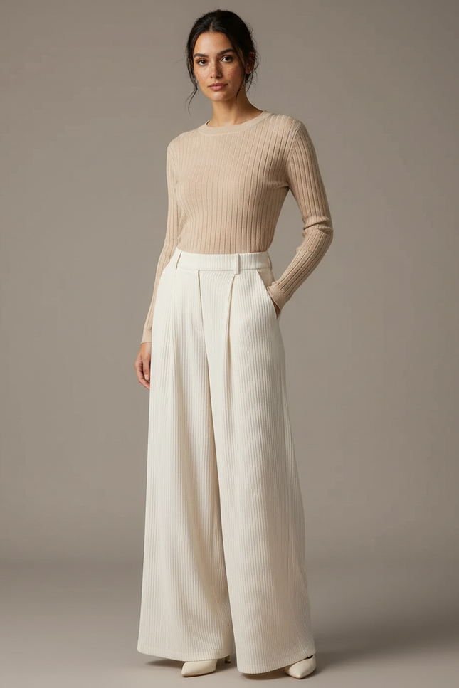 Pantalon À Pince Crème Côtelé Ample Décontracté Femme - Blanc Cordé