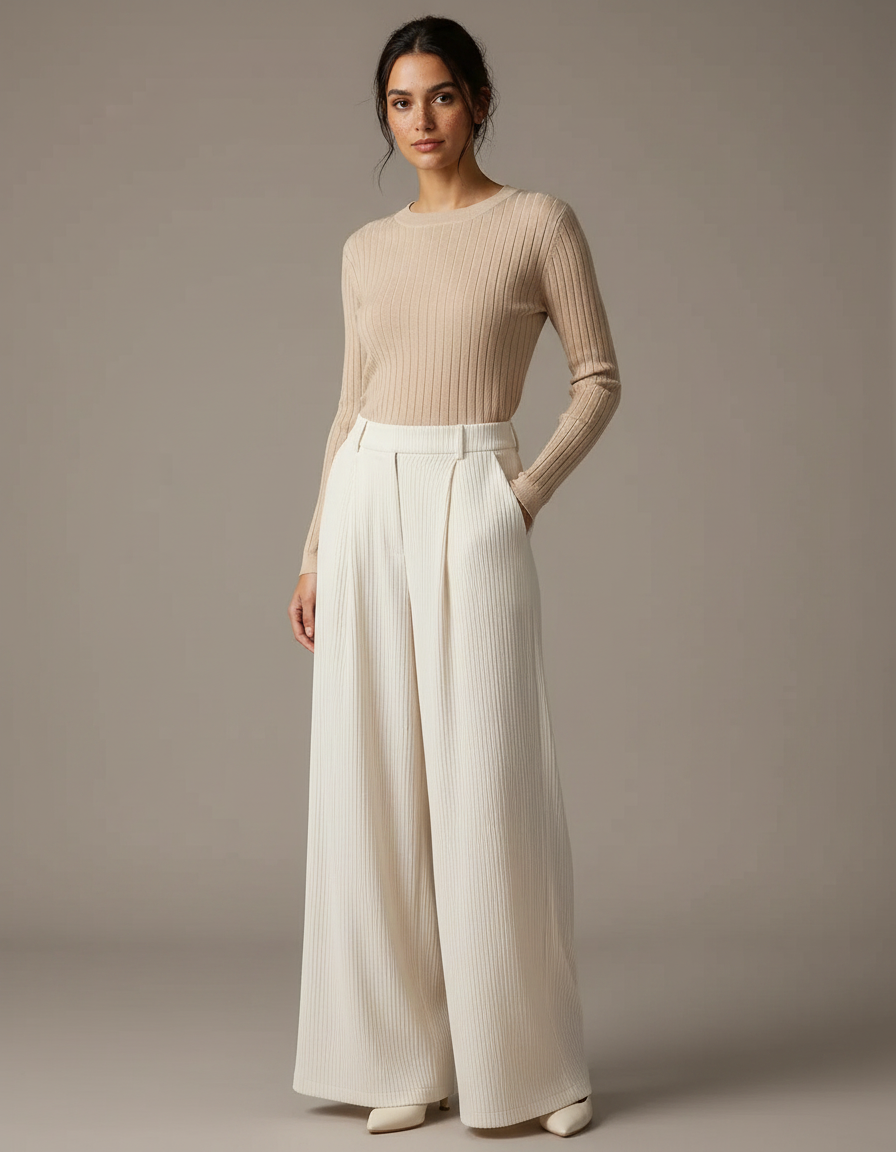 Pantalon À Pince Crème Côtelé Ample Décontracté Femme - Blanc Cordé