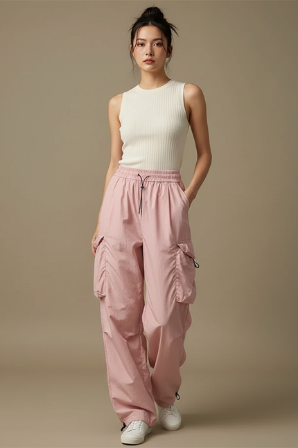 Pantalon À Pince Rose Cargo Ample Fluide Décontracté - Polyester