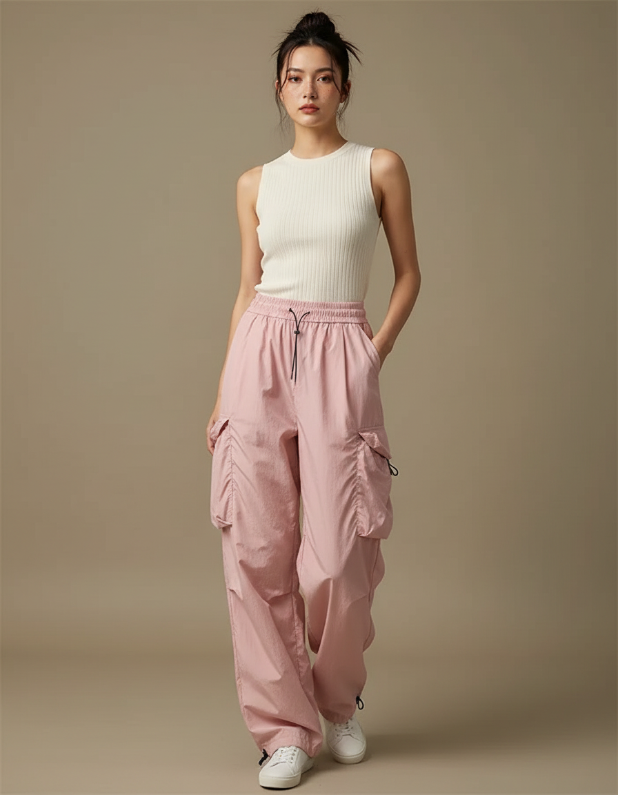 Pantalon À Pince Rose Cargo Ample Fluide Décontracté - Polyester