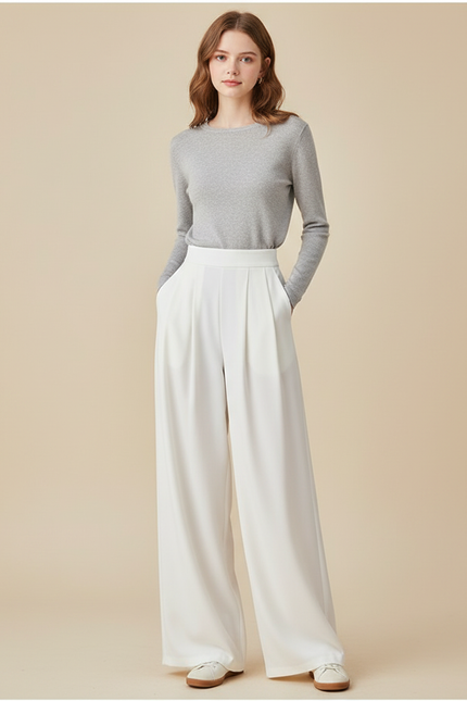 Pantalon À Pince Blanc Fluide Ample Élégant Femme - Polyester