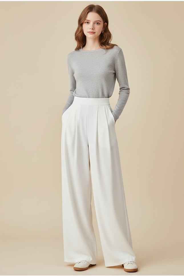 Pantalon À Pince Blanc Fluide Ample Élégant Femme - Polyester