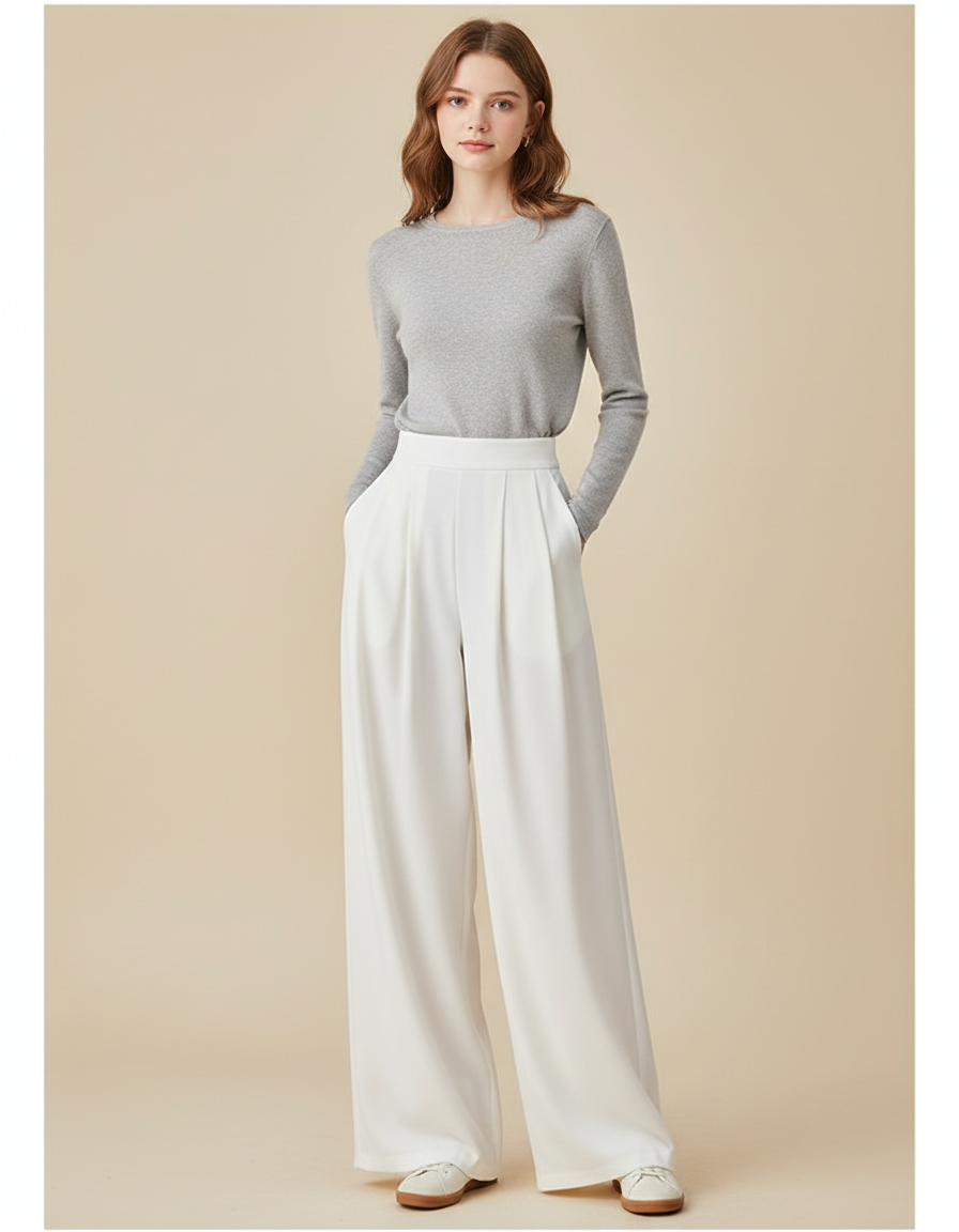 Pantalon À Pince Blanc Fluide Ample Élégant Femme - Polyester