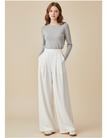 Pantalon À Pince Blanc Fluide Ample Élégant Femme - Polyester