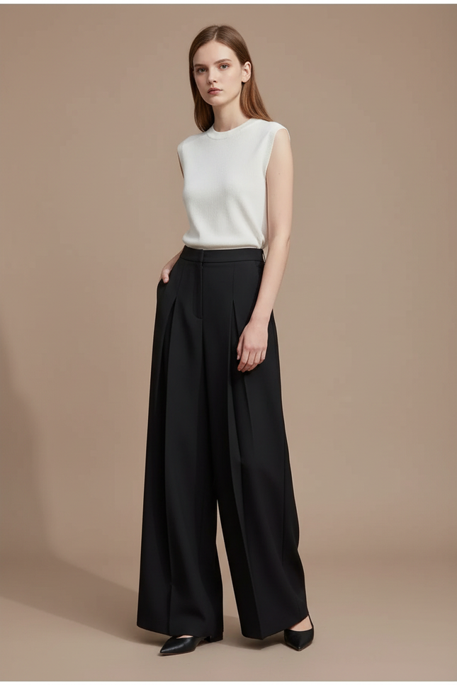 Pantalon À Pince Noir Ample Plissé Fluide Élégant - Polyester
