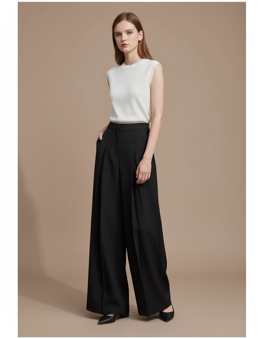 Pantalon À Pince Noir Ample Plissé Fluide Élégant - Polyester