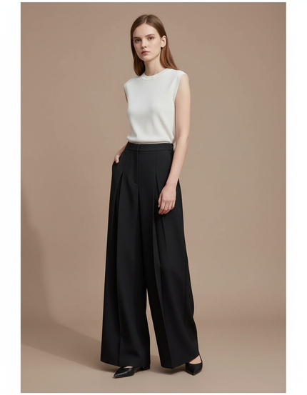 Pantalon À Pince Noir Ample Plissé Fluide Élégant - Polyester