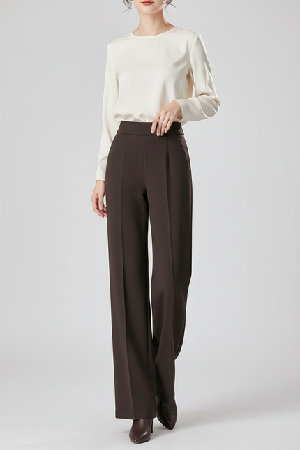 Pantalon À Pince Marron Ample Taille Haute Fluide Femme - Polyester