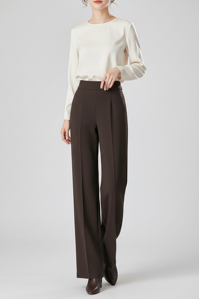 Pantalon À Pince Marron Ample Taille Haute Fluide Femme - Polyester