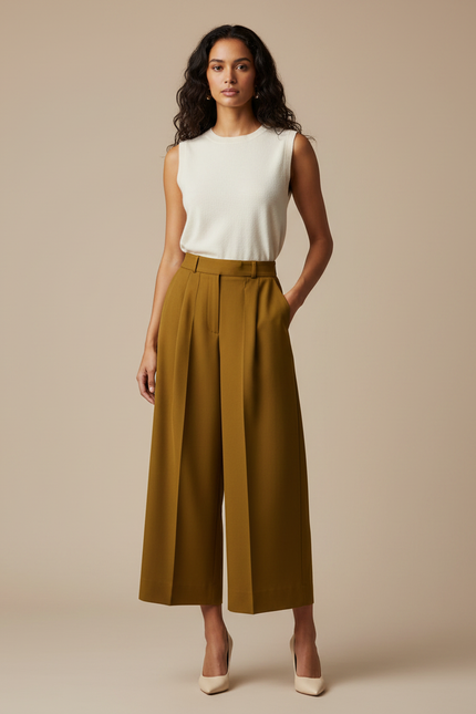 Pantalon À Pince Plissé Fluide Vert Kaki Ample Élégant - Polyester