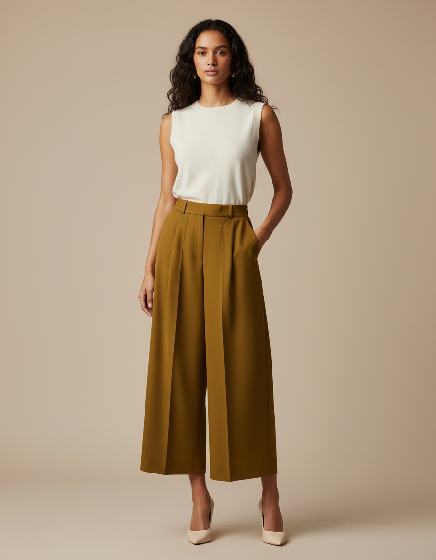 Pantalon À Pince Plissé Fluide Vert Kaki Ample Élégant - Polyester