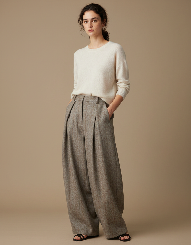 Pantalon Gris À Pince Femme - Tweed