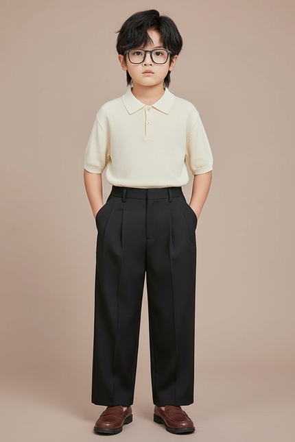 Pantalon À Pince Noir Plissé Ample Enfant Élégant - Gabardine