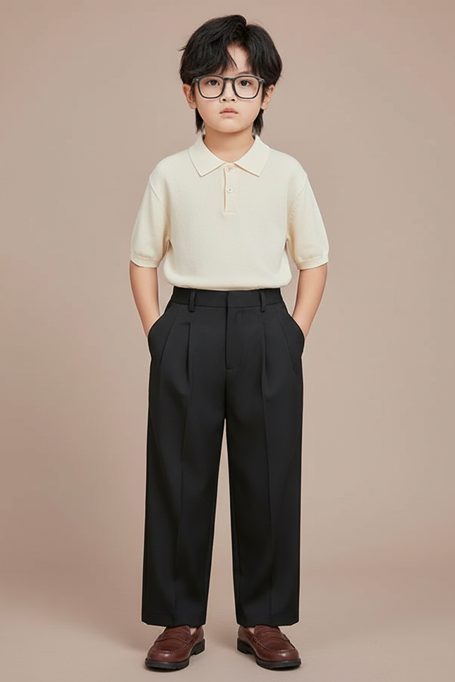 Pantalon À Pince Noir Plissé Ample Enfant Élégant - Gabardine