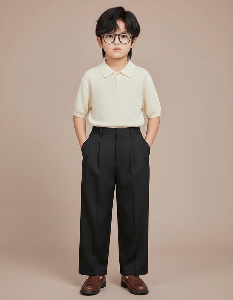Pantalon À Pince Noir Plissé Ample Enfant Élégant - Gabardine