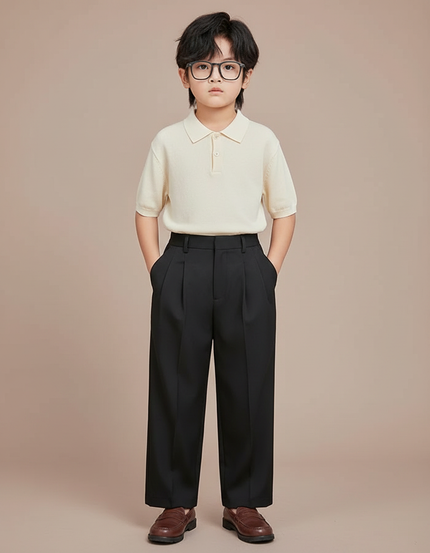 Pantalon À Pince Noir Plissé Ample Enfant Élégant - Gabardine