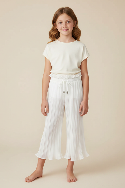 Pantalon À Pince Blanc Plissé Ample Fille Décontracté Fluide - Polyester