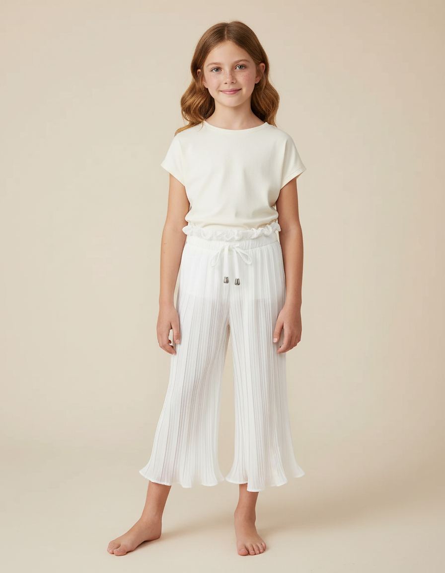 Pantalon À Pince Blanc Plissé Ample Fille Décontracté Fluide - Polyester