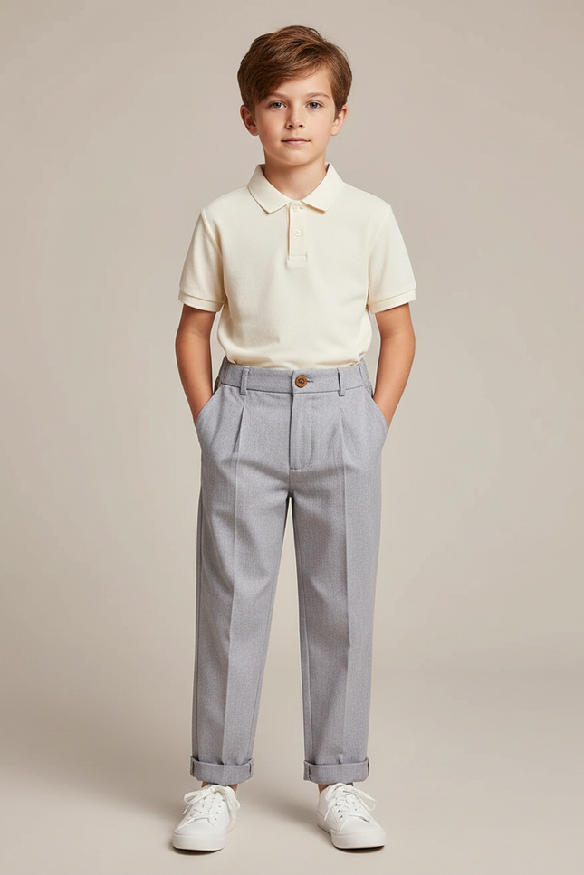 Pantalon À Pince Gris Clair Plissé Droit Garçon - Gabardine