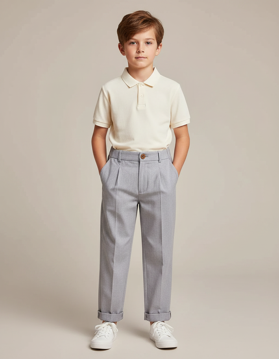 Pantalon À Pince Gris Clair Plissé Droit Garçon - Gabardine