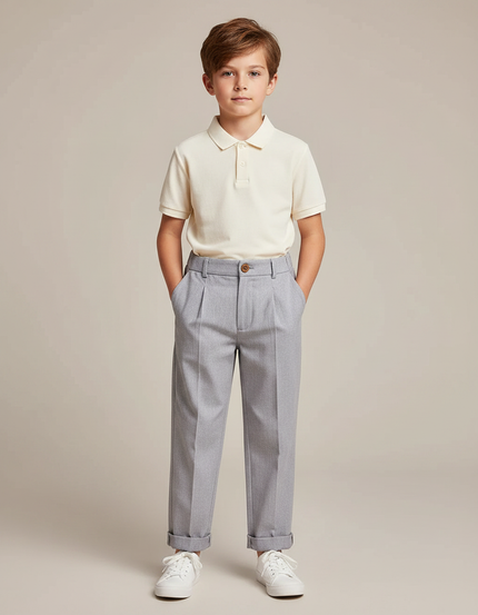 Pantalon À Pince Gris Clair Plissé Droit Garçon - Gabardine