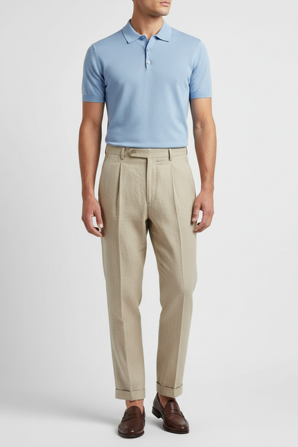 Pantalon À Pince Beige Lin Plissé Droit Léger