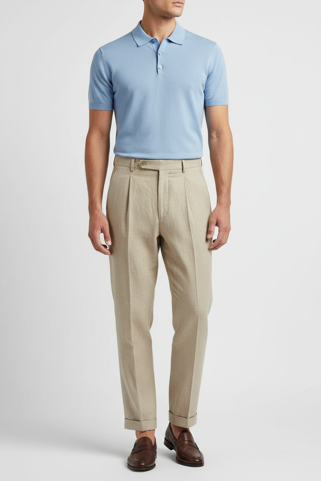 Pantalon À Pince Beige Lin Plissé Droit Léger